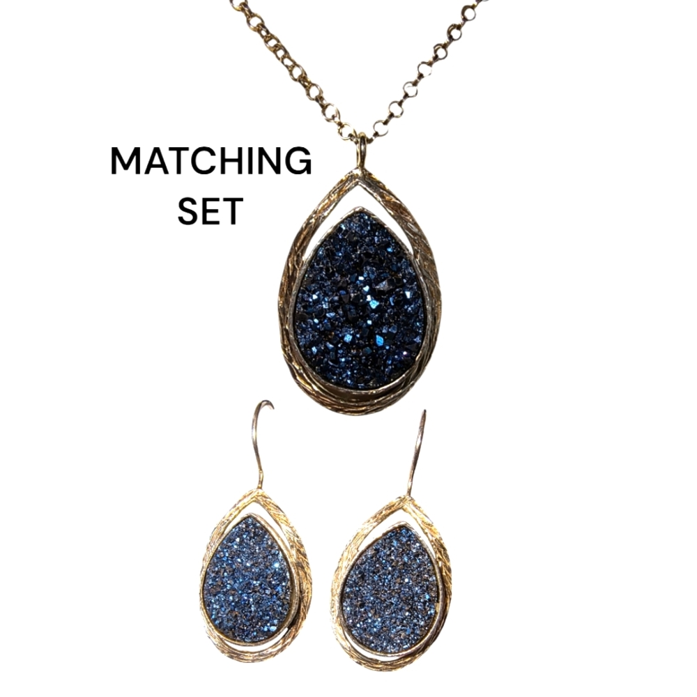 Sterling Silver & Faux Blue Druzy Matching Earrings & Necklace Set